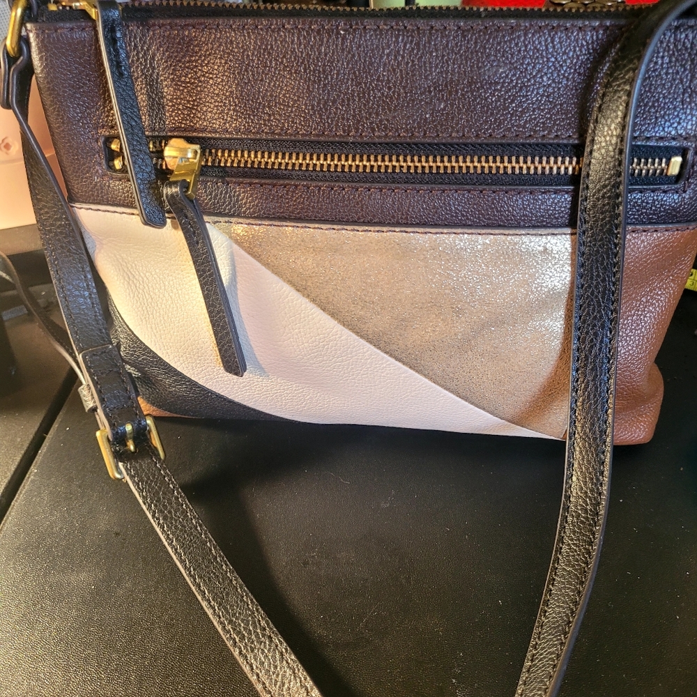 Stylish Fossil Brown, Tan, and Gold Colorblock Women's Bag
